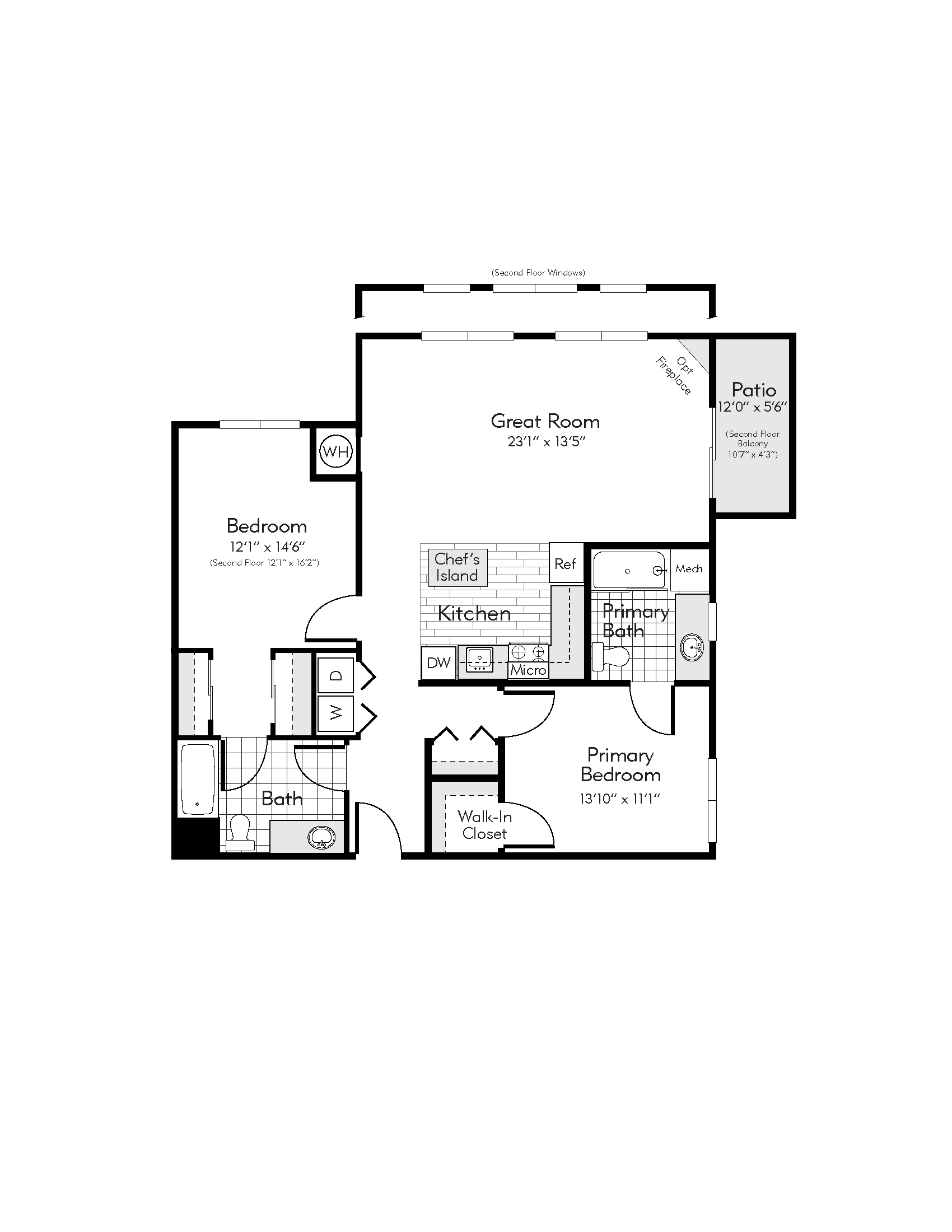 Floor plan for 2 beds, 2 baths, 1107 sqft